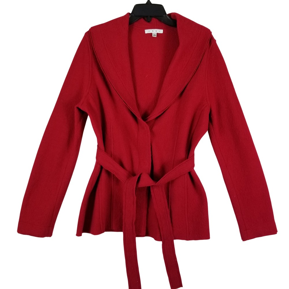 Cabi Red 100% Merino Wool Wrap Cardigan Sweater Style 167 Belted Shawl Collar L